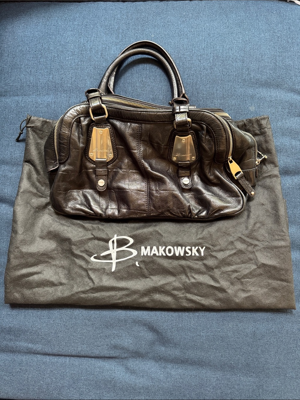 b. makowsky Black Leather Satchel with Silver Hardware